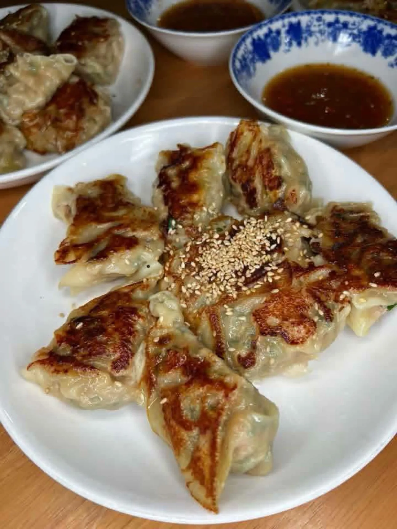 白碟上的煎餃與蘸醬